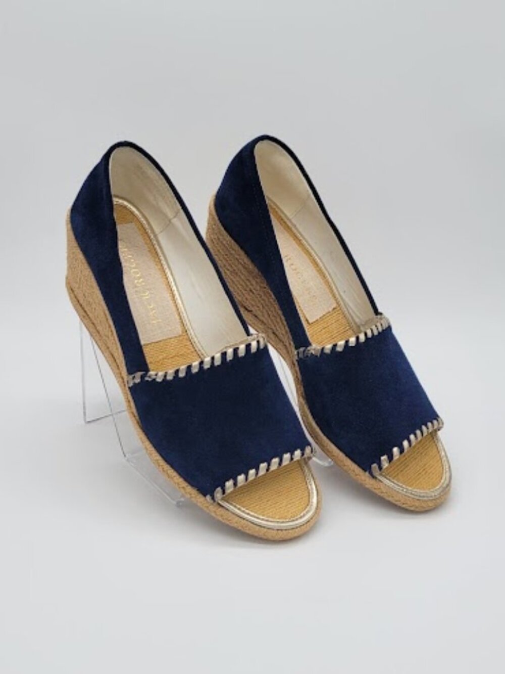 JACK ROGERS Palmer Wedge Espadrille Women’s Size 9.5 Navy Blue Suede Peep Toe
